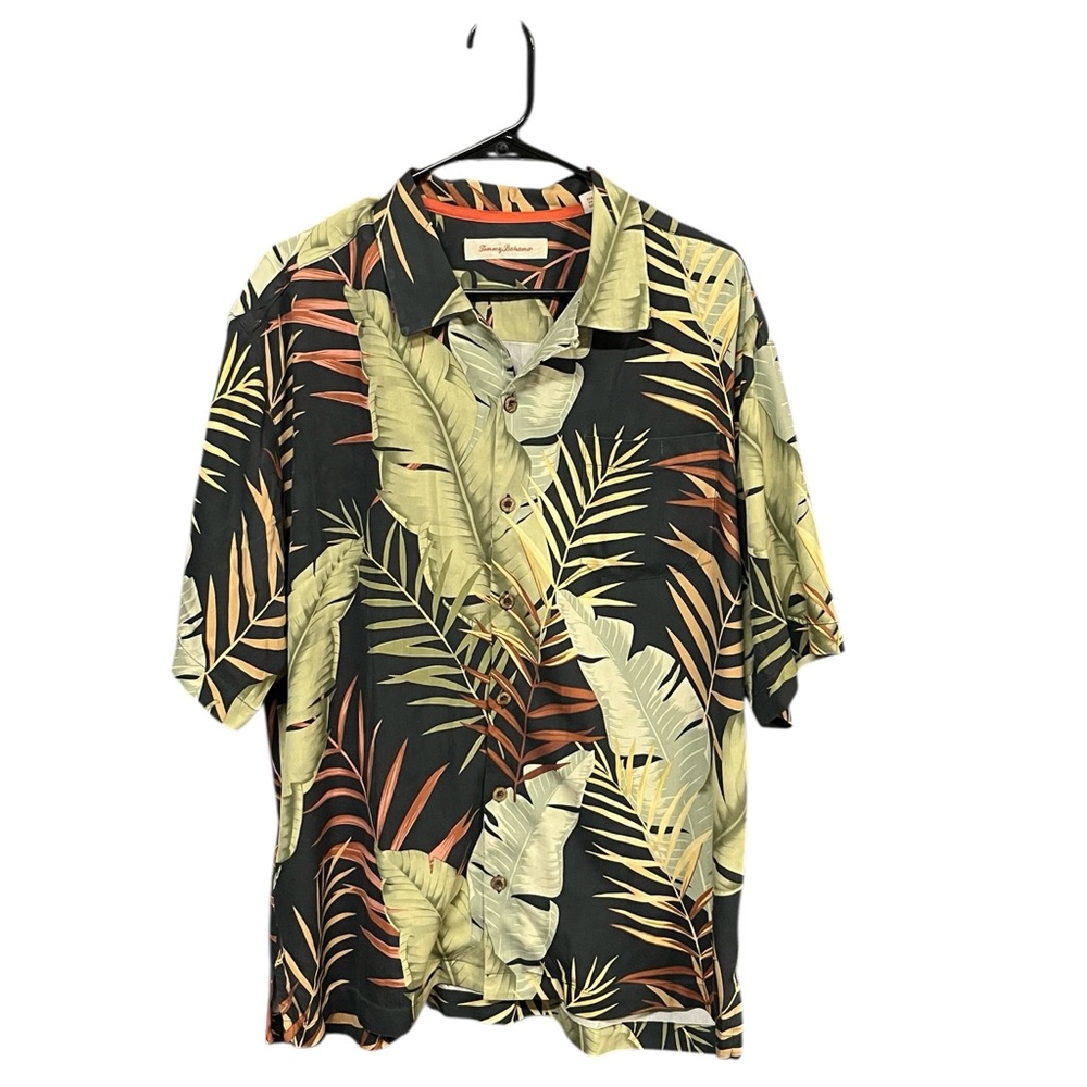 Tommy Bahama silk Hawaiian shirt men L green black loop collar short sleeve leaf